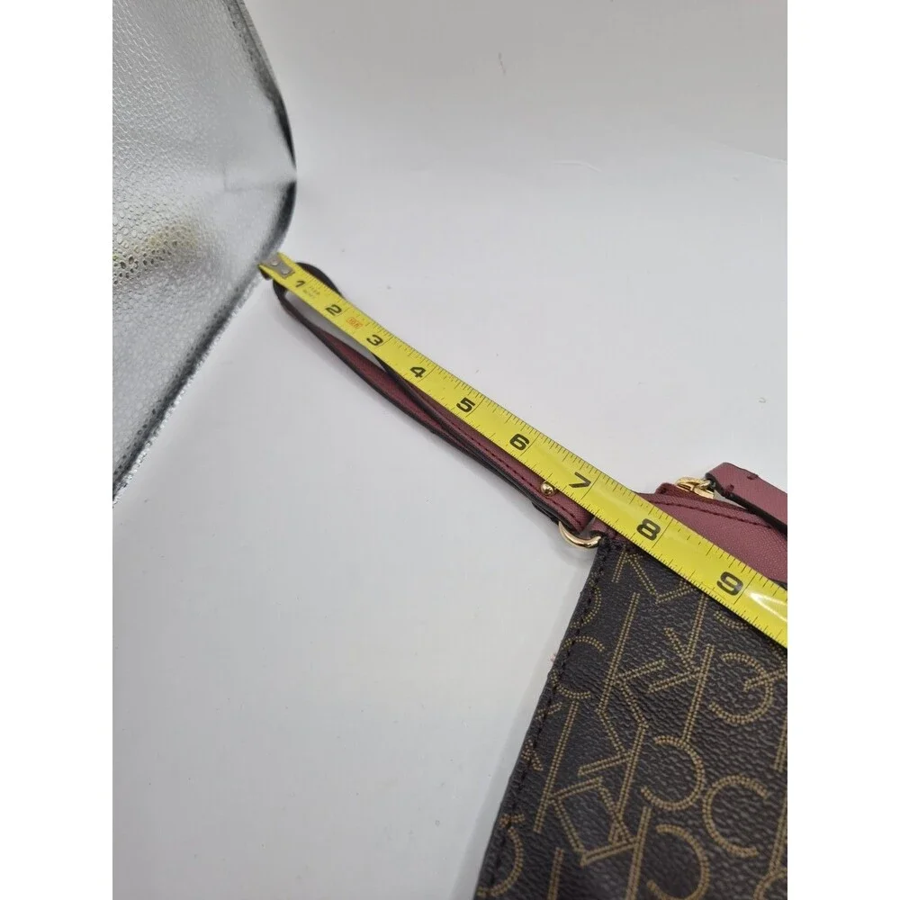 CALVIN KLEIN LEATHER WRISTLET CLUTCH BROWN & BURGUNDY MEDIUM HANDBAG PURSE